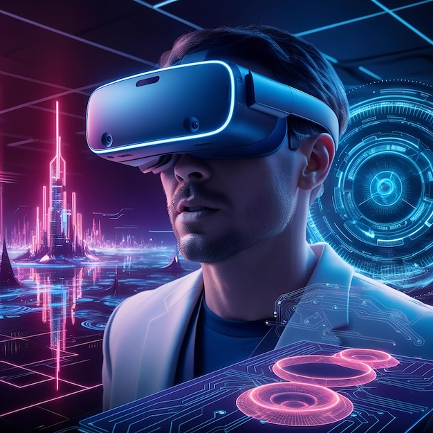 Man Immersed in Advanced VR Navigating Neon Cyber City and Interacting with Holographic Interfaces