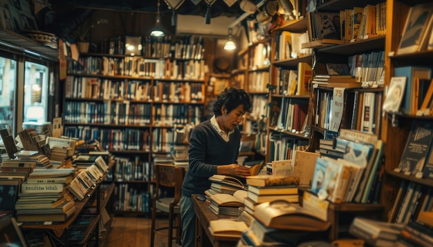 A man immersed in books in a cozy library with wooden furniture and shelves full of knowledge aig