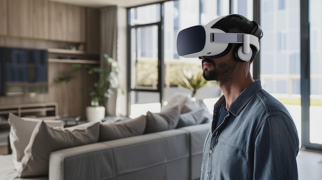 A man immersed in a virtual reality experience stands in a modern living room highlighting the blend of digital and real worlds