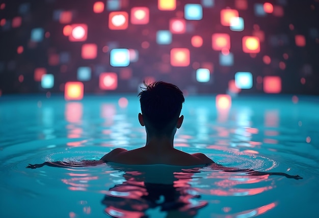 Photo man immersed in water with neon digital background