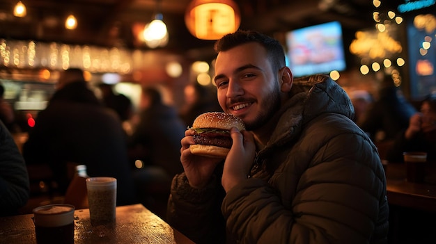 Man Indulging in Hamburger at Cozy Pub Setting