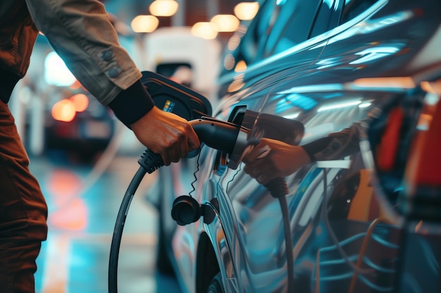 Man inserts electric car charger plug into charging socket at modern station Electric vehicle