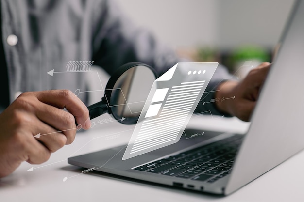 Man inspecting paperwork with magnifier A business analysis concept