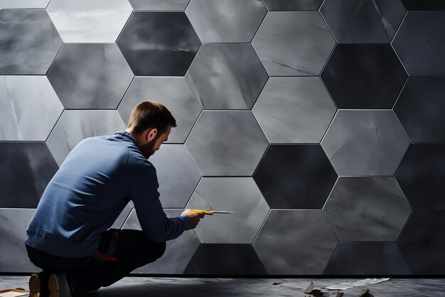 Man Installing Hexagon Marble Texture Tiles Generative Ai