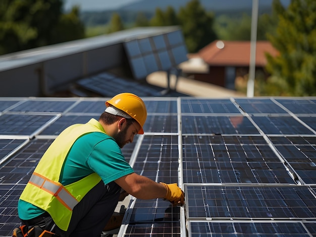 Man installing solar panels on roof