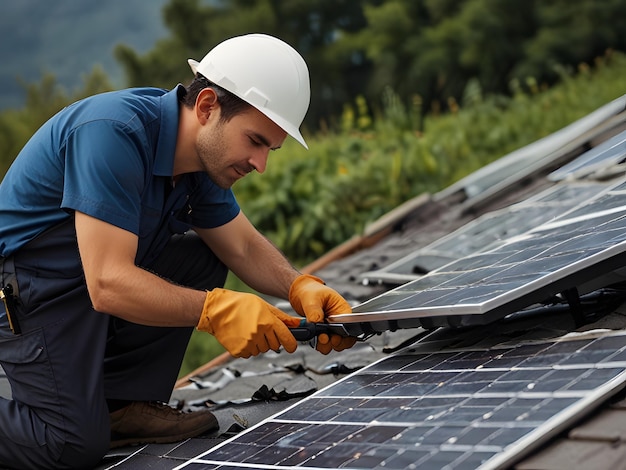 Man installing solar panels on roof