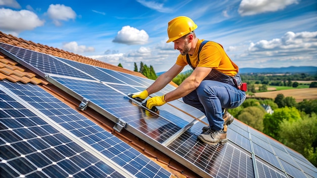 Man installing solar panels on roof