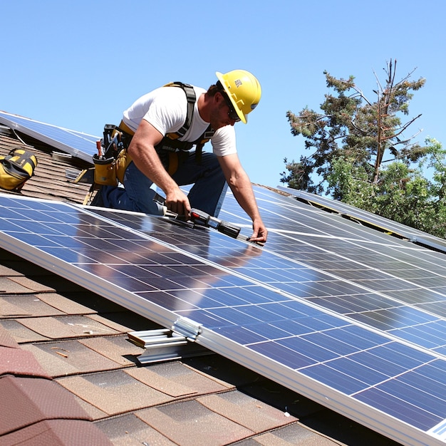 Man installing solar panels on roof