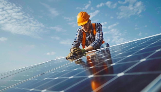 Man installing solar panels on roof