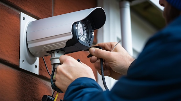 a man installs a security camera on the wall