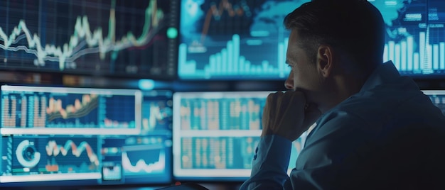 A man intently observes multiple screens filled with data and stock market charts immersed in the world of trading and financial analysis