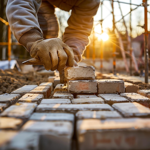 a man is building a brick house with bricks on it