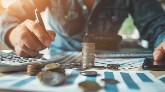 A man is calculating his finances He is using a calculator and a pen to write down his expenses