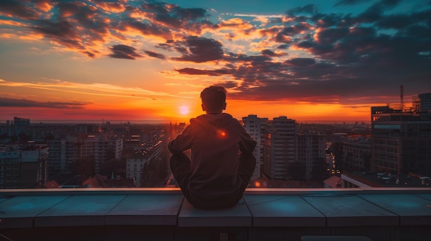 Photo a man is calmly relaxing by a rooftop pool enjoying the city sunset view over the buildings aig62