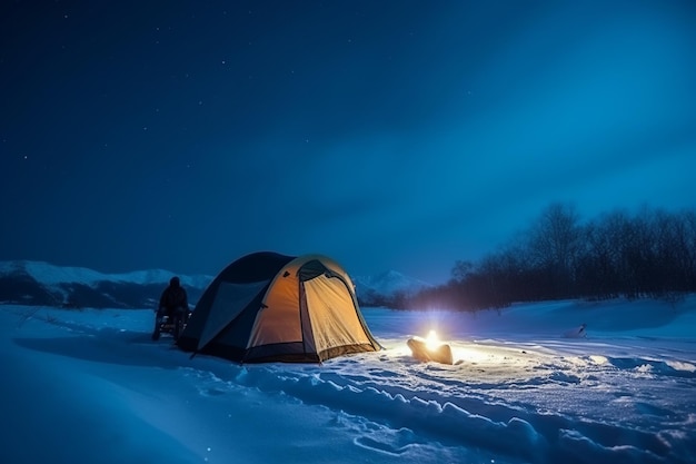 A man is camping in a snowy field with a tent and a lantern.