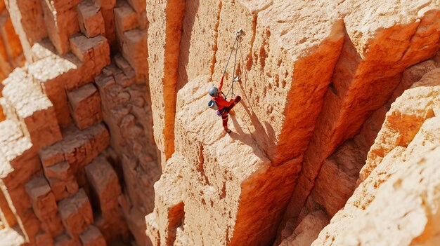 a man is in a canyon with a red shirt that says  rock climb