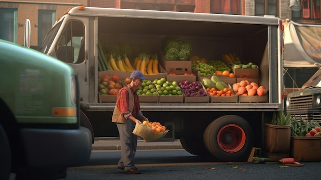 A man is carrying a box of produce from a truck that says'fresh produce '