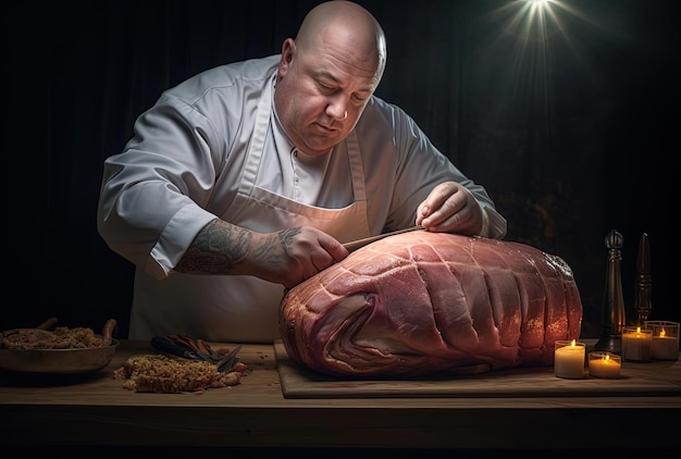 the man is carving a huge ham with a knife in the style of light pink and dark gold