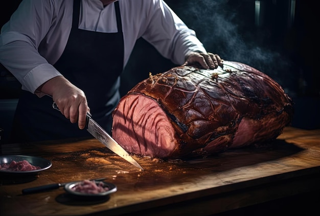 the man is carving a huge ham with a knife in the style of light pink and dark gold