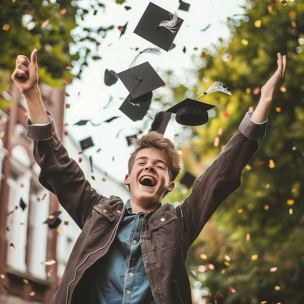 Photo a man is celebrating with his hands in the air and the word  confetti  is thrown up in the air