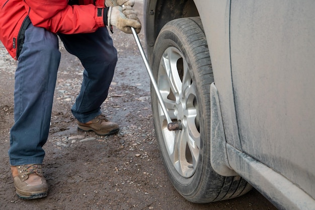 A man is changing the wheels on a car Safety car maintenance