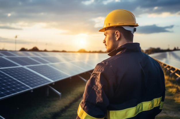 man is checking an operation and cleanliness on field of photovoltaic solar panels Generative AI