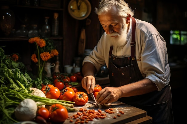 A man is chopping vegetables in the kitchen