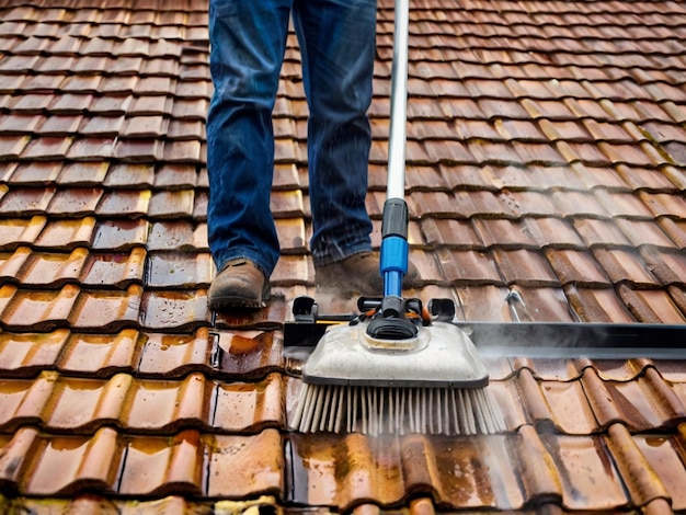 a man is cleaning a dirty red tiled roof with a broom