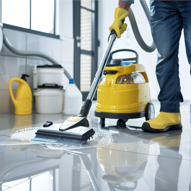 a man is cleaning the floor with a yellow mop