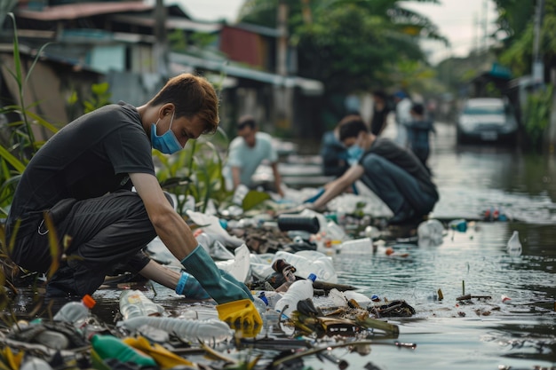 a man is cleaning trash in a flooded street