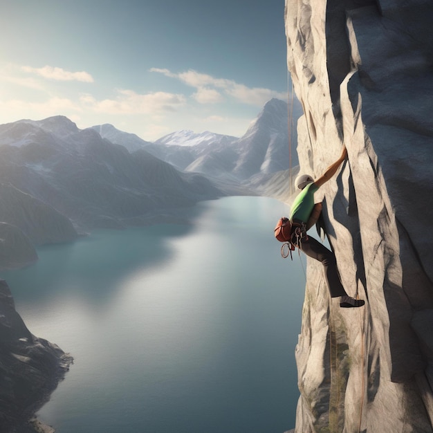 a man is climbing a mountain with a mountain in the background