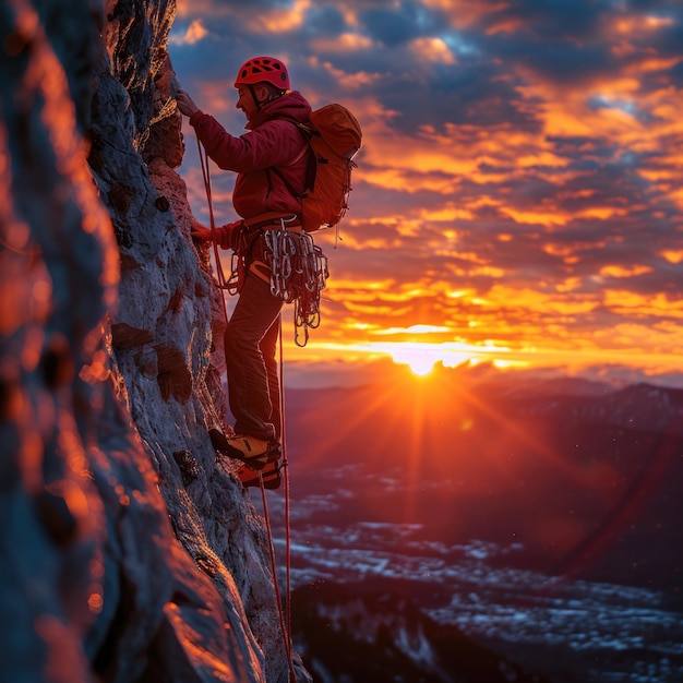 Photo a man is climbing a mountain with a sunset in the background