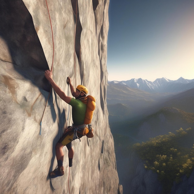 a man is climbing a rock face with mountains in the background