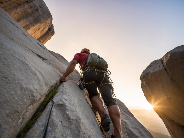 a man is climbing a rock with a backpack on his back