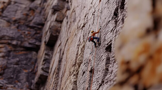 a man is climbing a steep rock face