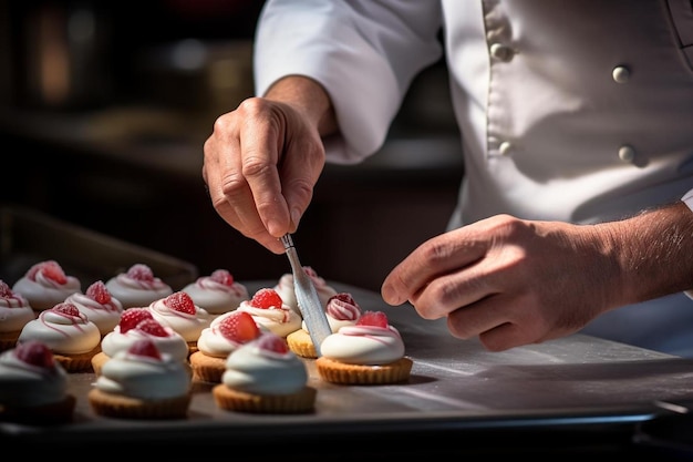 a man is cooking cupcakes with a knife and a knife.