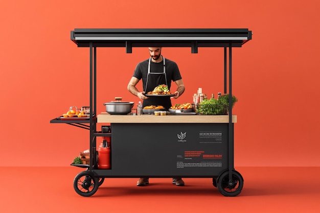 a man is cooking food on a cart that says quot the company quot