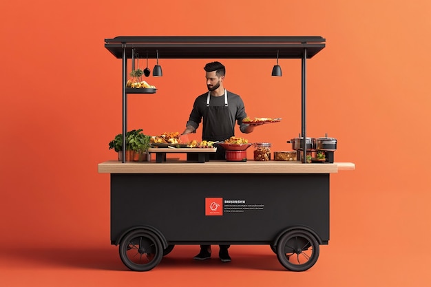 a man is cooking a food cart with a sign that says quot cook quot on it