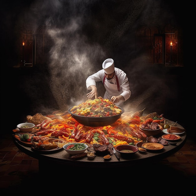 A man is cooking food in a restaurant with a large bowl of food on the table.