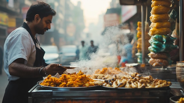 Photo a man is cooking food in a street stall