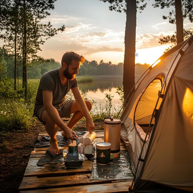 Photo a man is cooking in front of a tent with a lake in the background