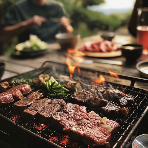 a man is cooking meat on a grill with a fire behind him