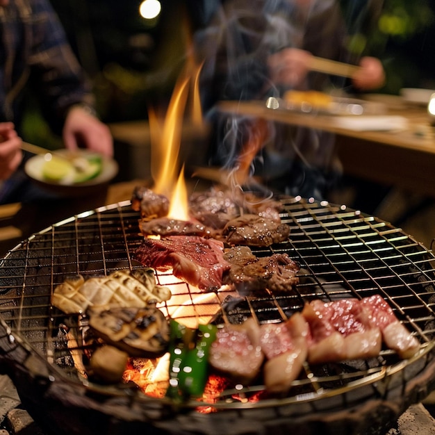 a man is cooking steaks on a grill with a fire in the background