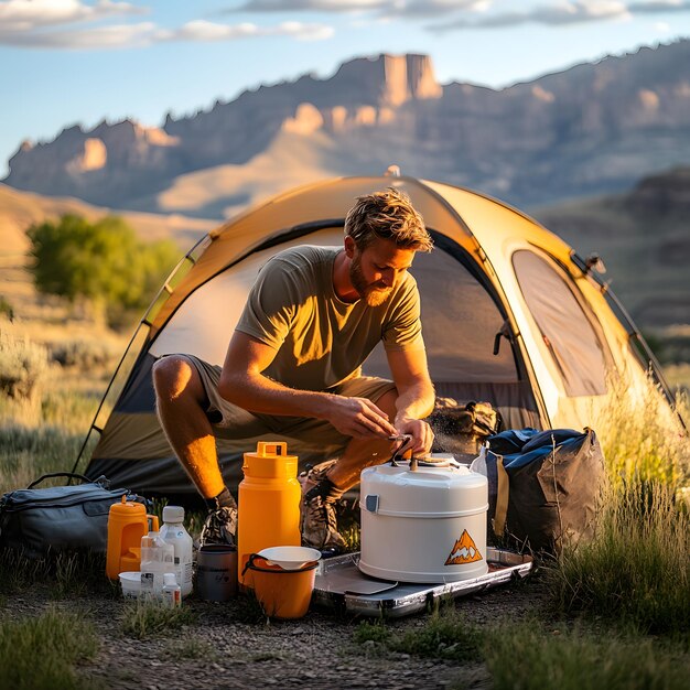 Photo a man is cooking in a tent with a camper on the ground