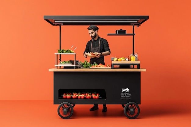 a man is cooking a vegetable stand with a sign that says quot sushi quot on it