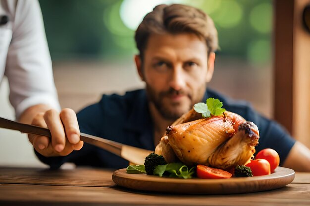 Photo a man is cutting a chicken with a knife and fork