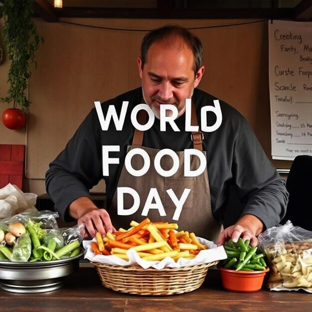 a man is cutting food with a sign that says world food