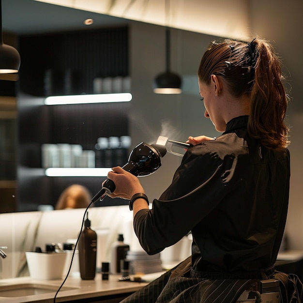 Photo a man is cutting a haircut with a woman in a barbershop