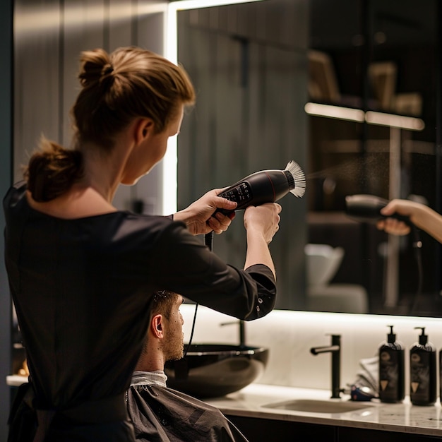 Photo a man is cutting a haircut with a woman in a barbershop