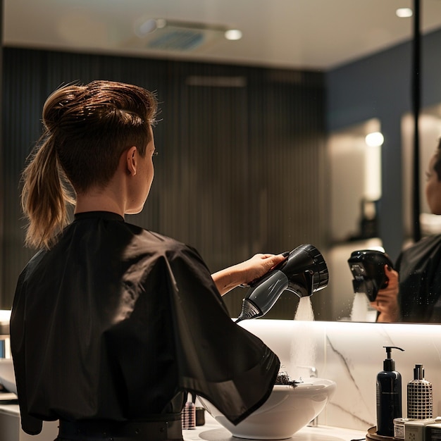 Photo a man is cutting a haircut with a woman in a barbershop